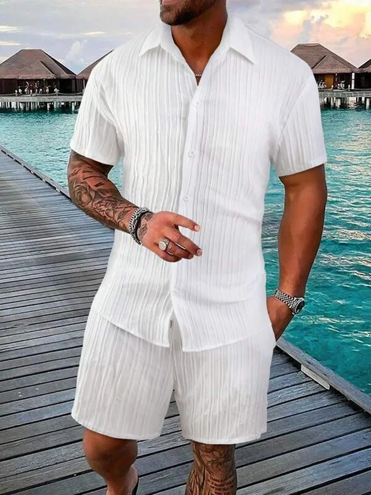 Men's Fashion Summer New Style Casual Solid Color Stripe Suit Male High-Quality Strip Texture Two-Piece Set