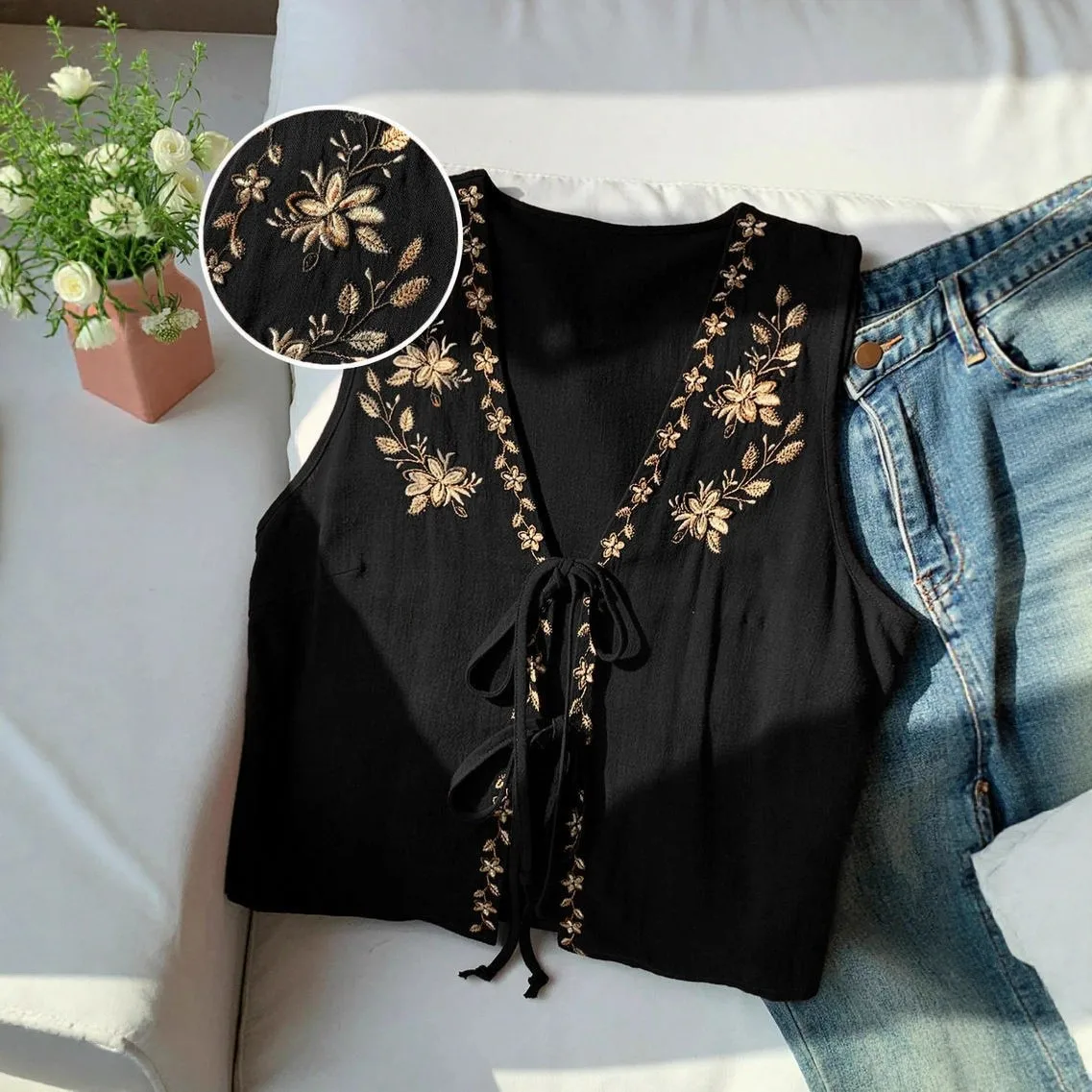 Tie V Neck Top Straight Cut Ethnic Tank Top with Embroidery Boho Tribal Embroidered Short Length Print Pattern Cropped for Women
