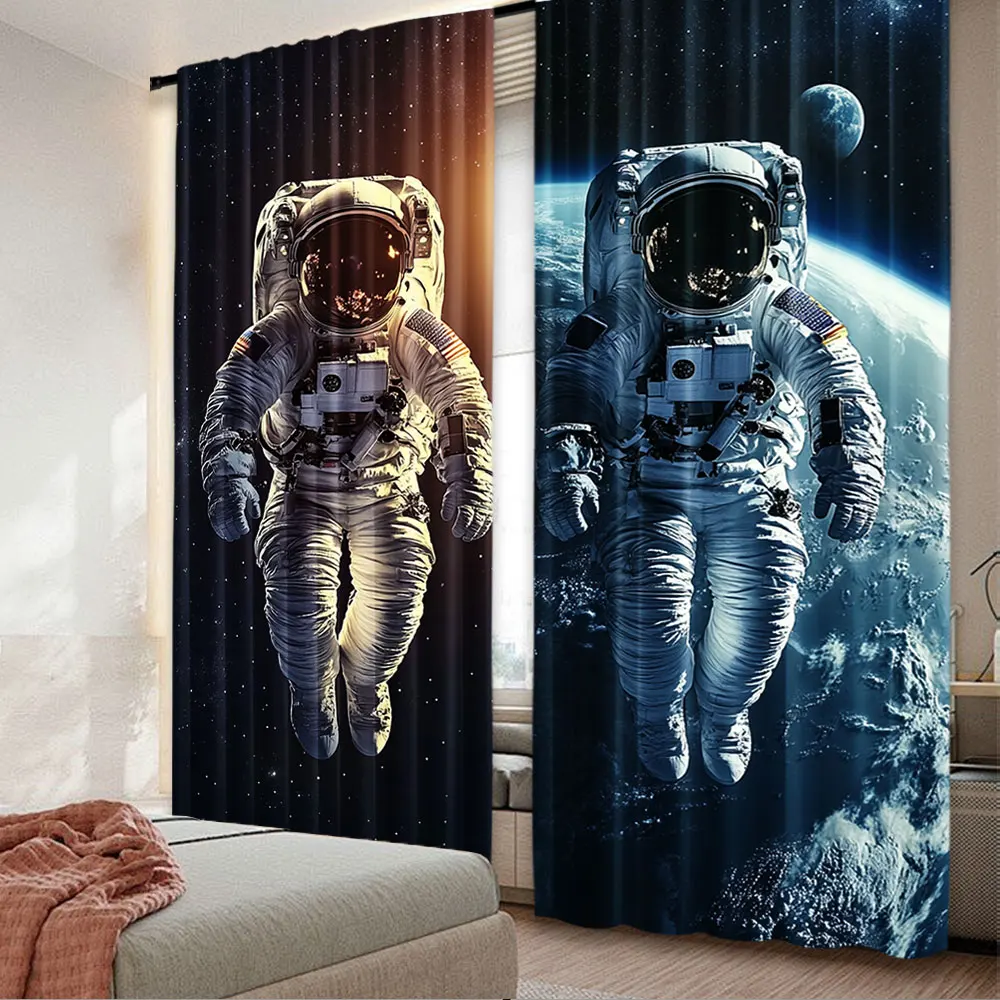 2Pcs Vibrant Astronaut Print Curtains Unique Space Themed Curtains Suitable For Bedroom Bathroom Living Room Dining Room Study