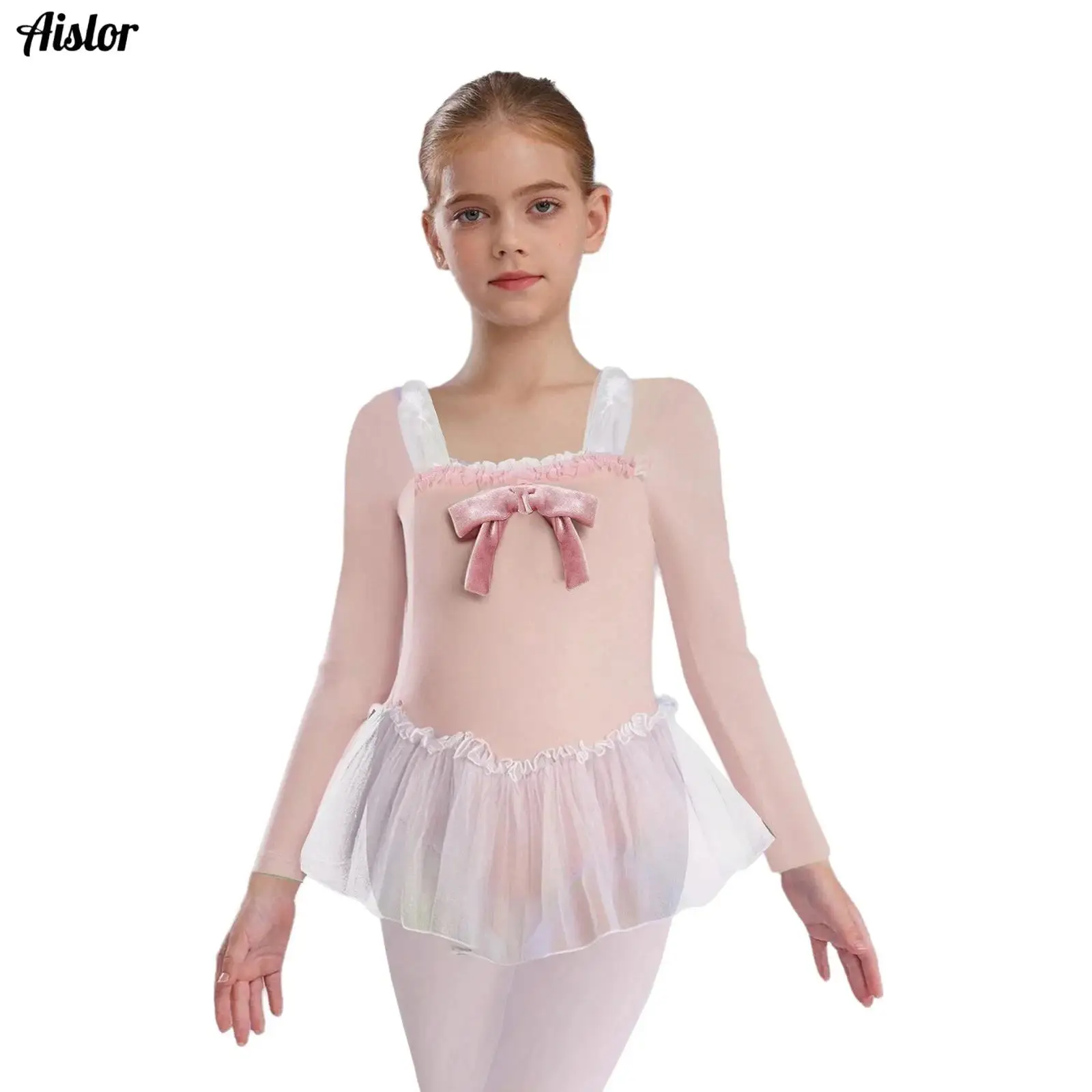 

Kids Girls Ballet Tutu Dress Velvet Bowknot Long/Ruffled Sleeve Square Neck Tulle Leotard Dress for Dance Practice Competition