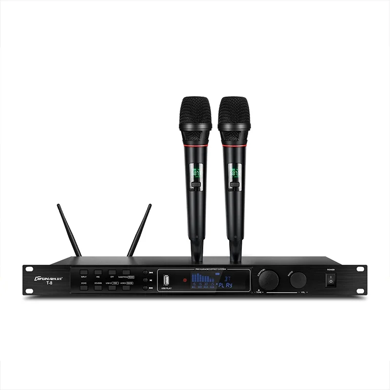 FUHAM T-8 Professional Karaoke Preamp Effect Processor Dual UHF Wireless Microphones Anti-Howling One-Key Vocal Remover Bluetoot