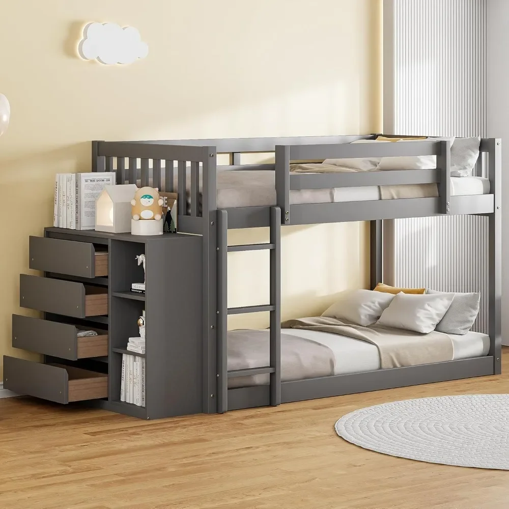 

Low Bunk Bed, with Storage,with 4 Drawers and 3 Shelves, Solid Wood Loft Beds for Kids Girls Boys, Floor Bunk Bed Frame