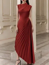 High End Stand Collar Asymmetrical Pleated Runway Long Dress Women's Fashion Elegant Temperament Sleeveless Summer Dresses