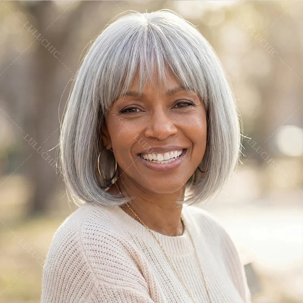 

Soul Lady Salt & Pepper Straight Bob Wig With Bangs Brazilian Invisible Hairline Beginner Friendly Glueless 5x5 Lace Closure Wig