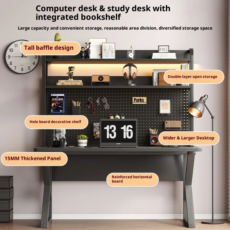 Wood Computer Desk With Hole Board And Integrated Bookshelf Adjustable Learning Writing Desk For Bedroom Home Office Workbench