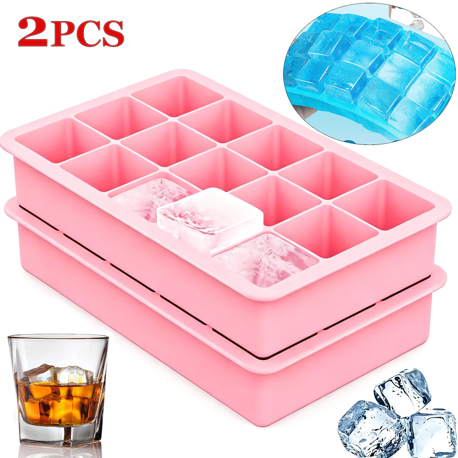 15 Grids Big Ice Tray Mold Food Grade Silicone Ice Cube Tray Square Ice Cube Molds DIY Ice Maker Ice Tray with Difference Color