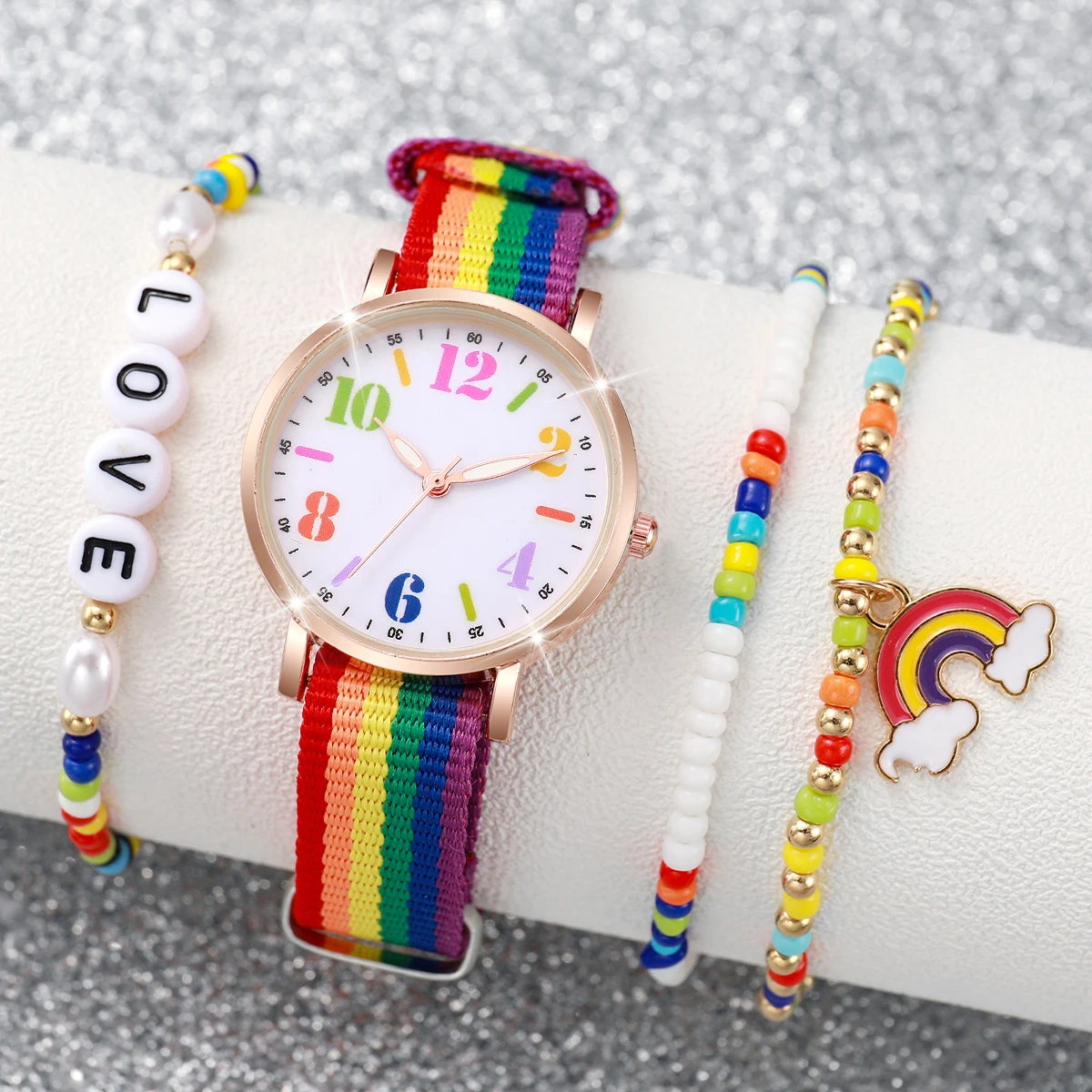 4PCS/Set Women\'s Watch Casual Nylon Band Analog Quartz Watches Love Beads Bracelets Set