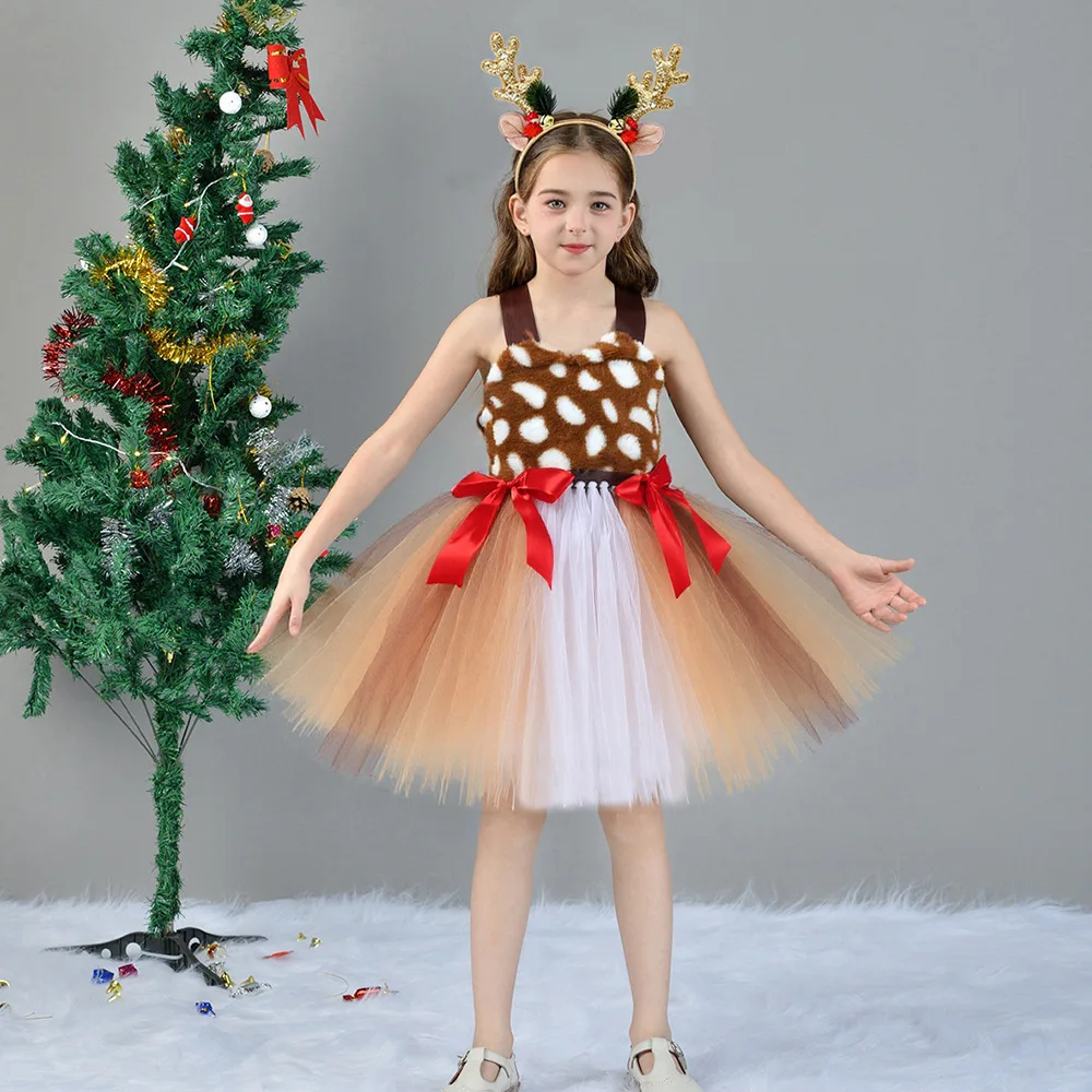 

Elk Costume for Kids Forest Theme Birthday Party Tutu Dress Toddler Girls Carnival Halloween Animal Cosplay Dress Up Clothes