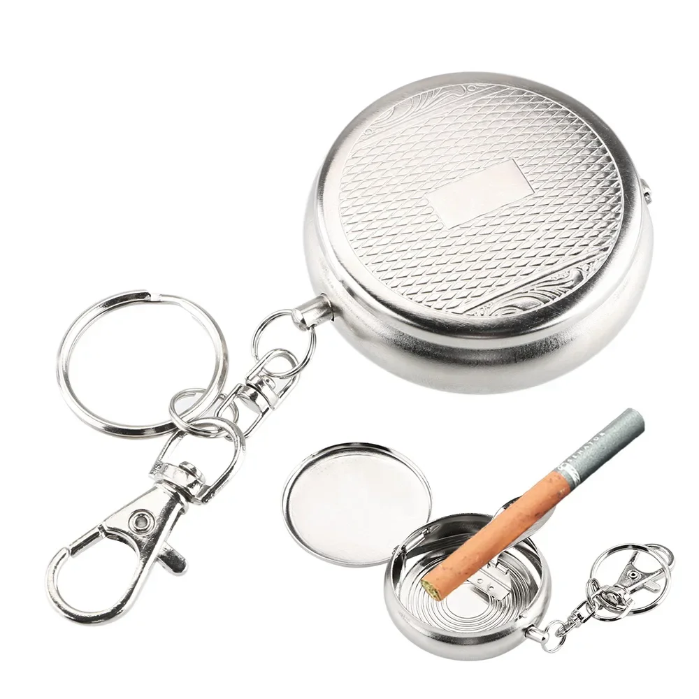 Portable Car Cigarette Ashtray, Random Pattern, Pocket Ashtray with Keychain, Mini Stainless Steel