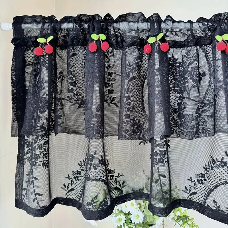 White Lace Short Kitchen Curtain Rod Pocket