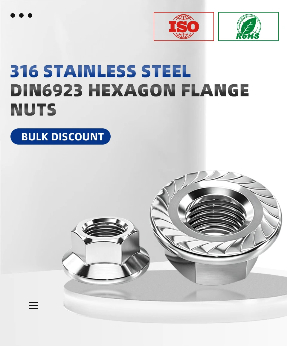 DIN6923 Metrische Sechskant-Flanschmuttern A4-70 316 Edelstahl Gezahnte Sechskant-Flanschmuttern M3 M4 M5 M6 M8 M10 M12 M14 M16 M20 Befestigungselement – Detail 1