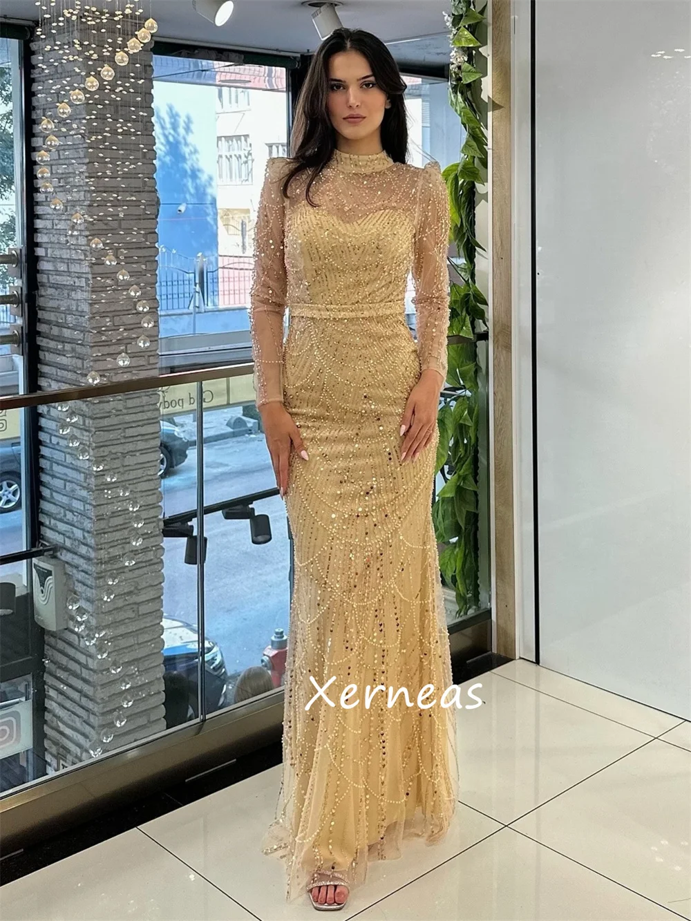 Customized Classic Pattern Sequined Pleat Mermaid High Collar Long Dresses Bespoke Occasion Sparkle Formal