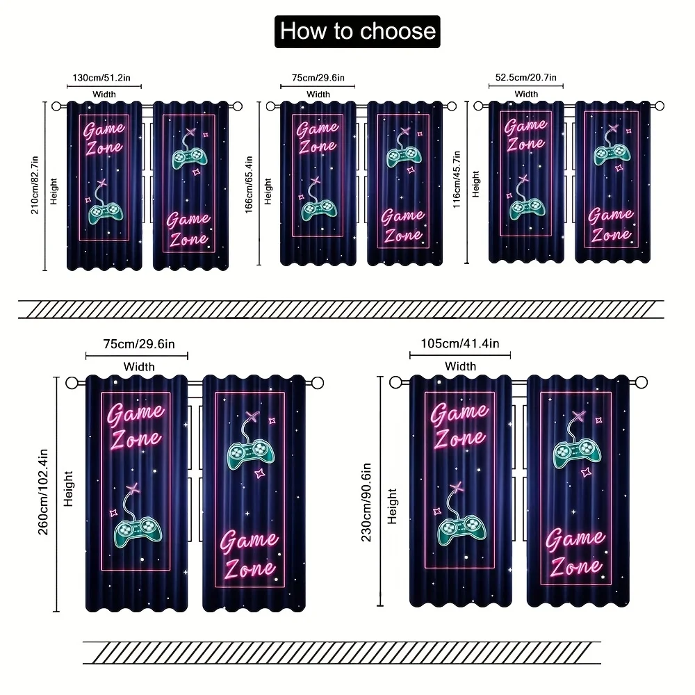 Neon Game Zone Controller Curtain, Retro Gamer Room Decor Drape, Video Game Console Pattern Window Treatment for Kids Bedroom