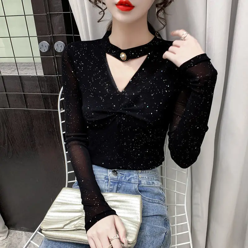 Sexy Hollow Mesh Sheer Elegant Chic Glitter Fashion Party Club Basic T Shirt Women V-Neck Long Sleeve Black Top Female Clothing