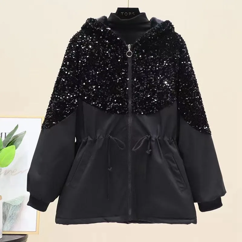 2024 Autumn and Winter European Version Trench Coat Large Size Heavy Industry Sequins Loose Hooded Long-sleeved Top Jacket Women