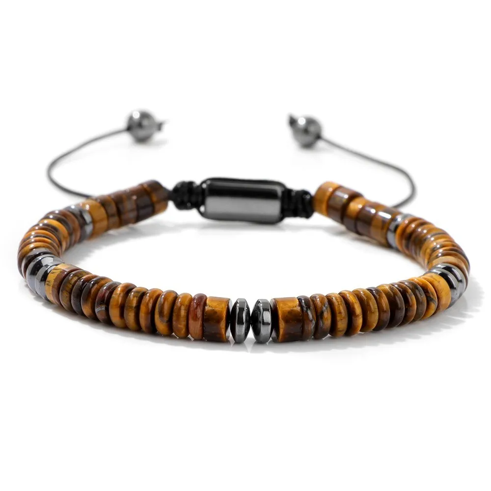 Tiger Eye Stone Wheel Beads Drawstring Bracelet for Men, Handmade Woven Beaded Vintage Fashion Jewelry Gift
