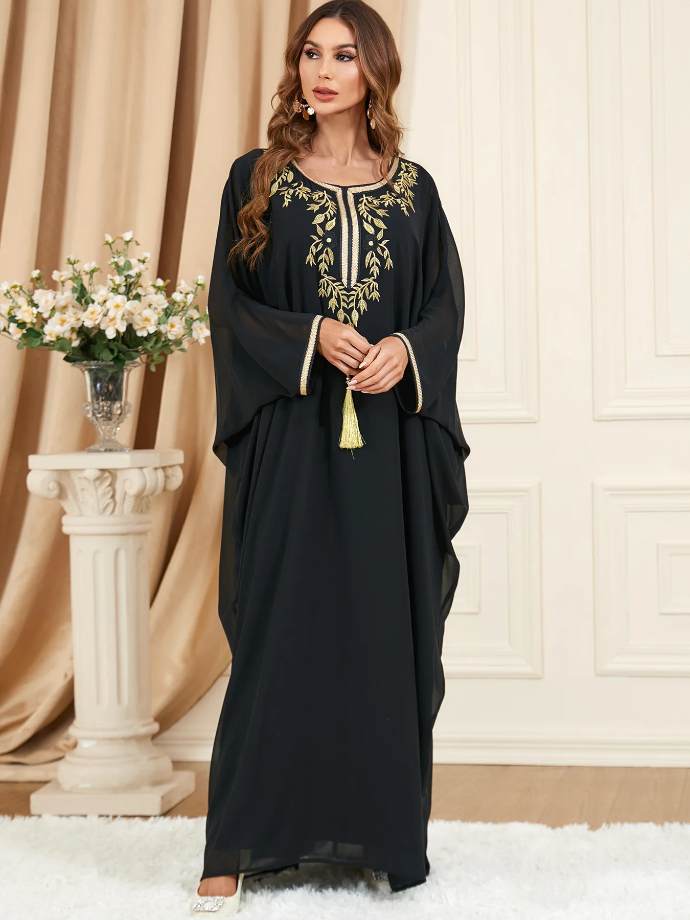 Embroidery Solid Muslim Dresses Women O-Neck Casual Long Dress Loose Batwing Sleeve Elegant Female Clothes Spring Summer