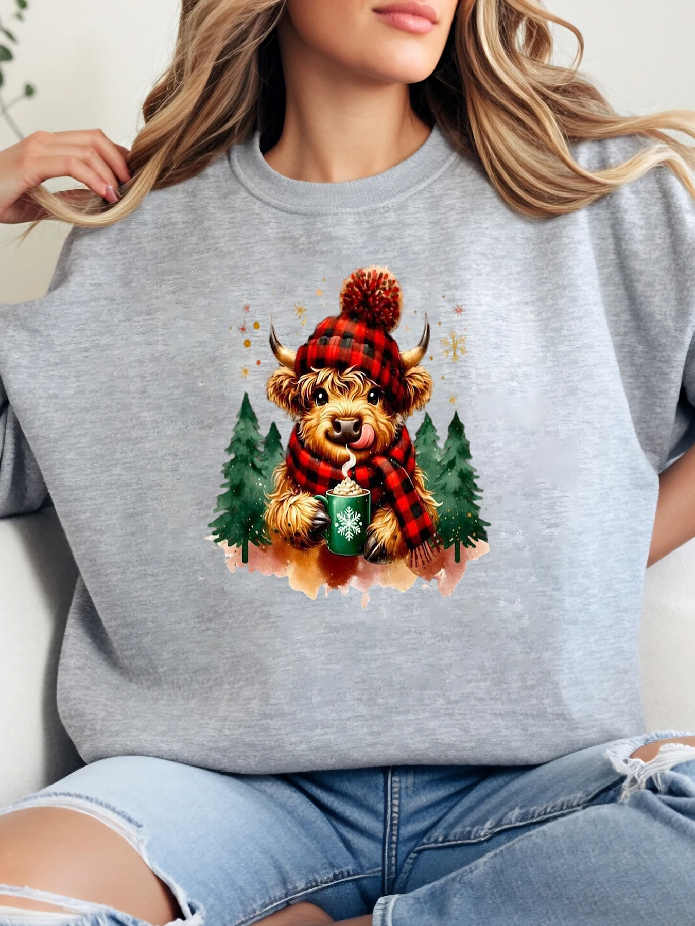 الجاموس عيد الميلاد طباعة Crewneck البلوز المرأة عارضة عطلة ارتداء رمادي زائد الحجم