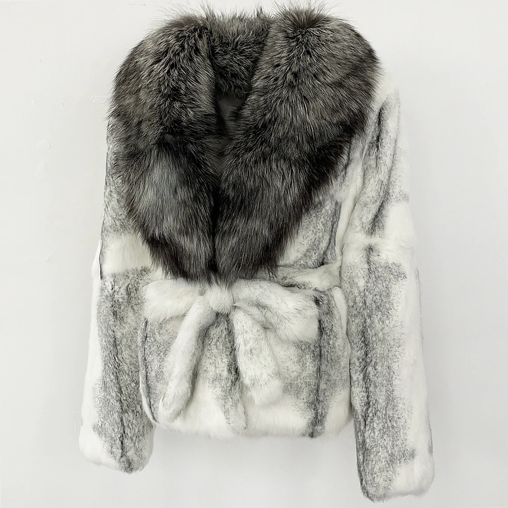 MENINA moda gruesa cálida abrigo de piel de conejo auténtico señora nuevo Otoño Invierno Top ropa mujer manga larga cuello de piel de zorro chaqueta mullida