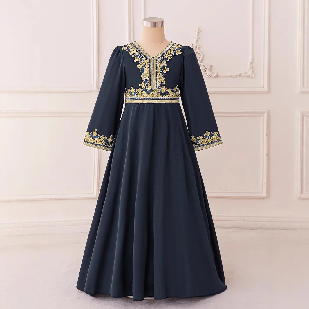7-12y Muslim Ramadan Prayers Girl Dress Long Sleeve Robe Arab Dubai Casual Party Dresses Eid Enfant Holiday Prom Costume