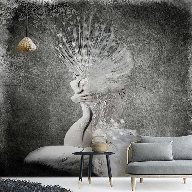 Customized Wallpaper European Nostalgic Creative Black White Peacock Beauty Cement Mural Living room TV background wall bedroom