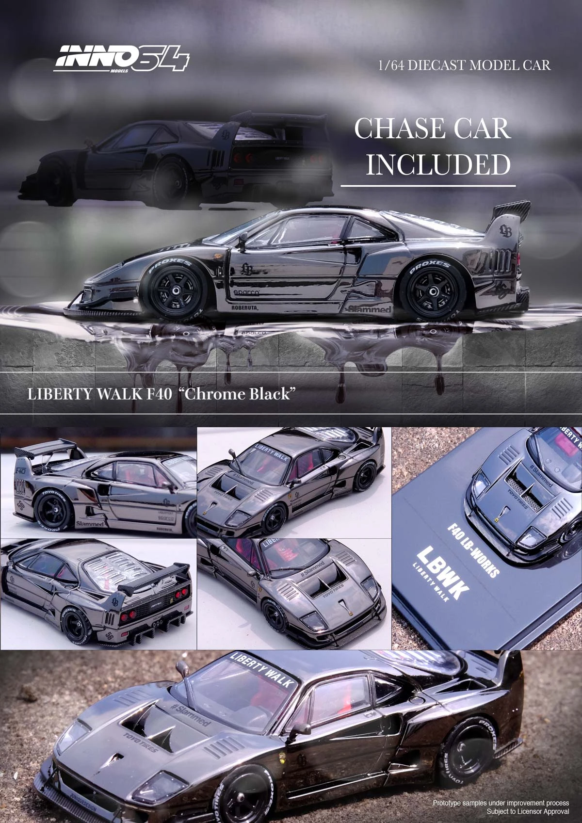 カーモデルINNO-LBWK f40,ブラッククロームダイキャスト,チェイスカー付き,1:64,事前注文