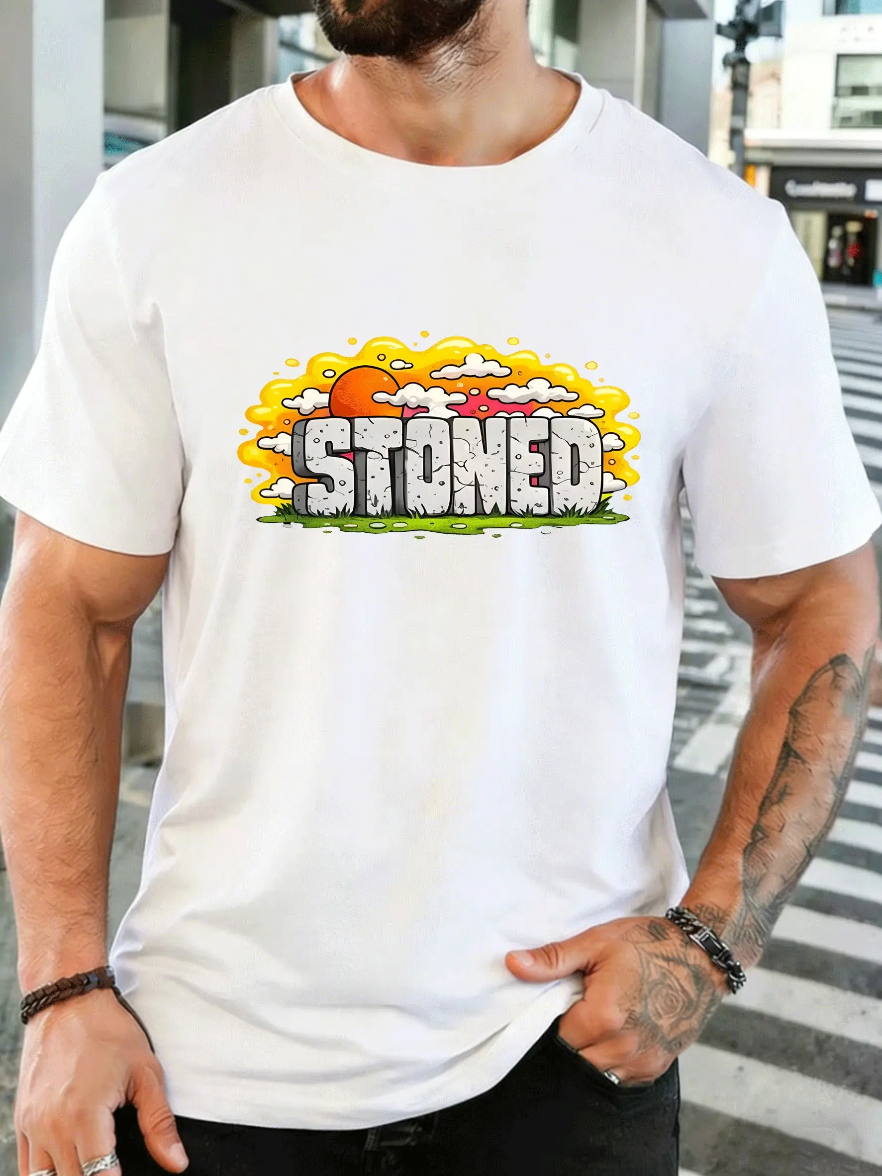 Men Short Sleeve T Shirt Stoned Graphic Tee Sunset Cartoon Print Tops Summer Soft Cotton Casual Street Wear For Adult Male