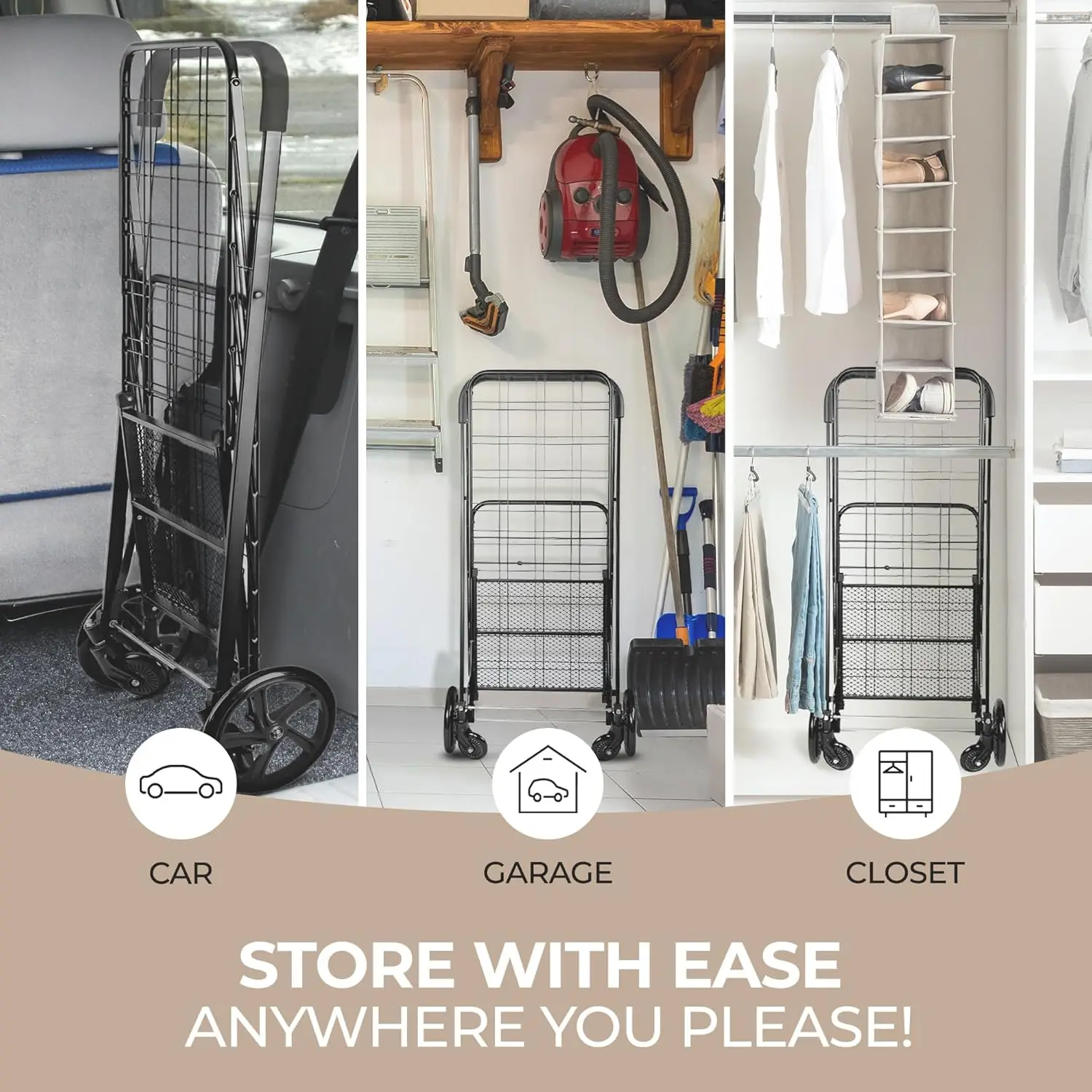 عربة أدوات كبيرة قابلة للطي مع بطانة قابلة للإزالة، شديدة التحمل 360 درجة ° عجلات، سعة 110 رطل للبقالة والمزيد #4