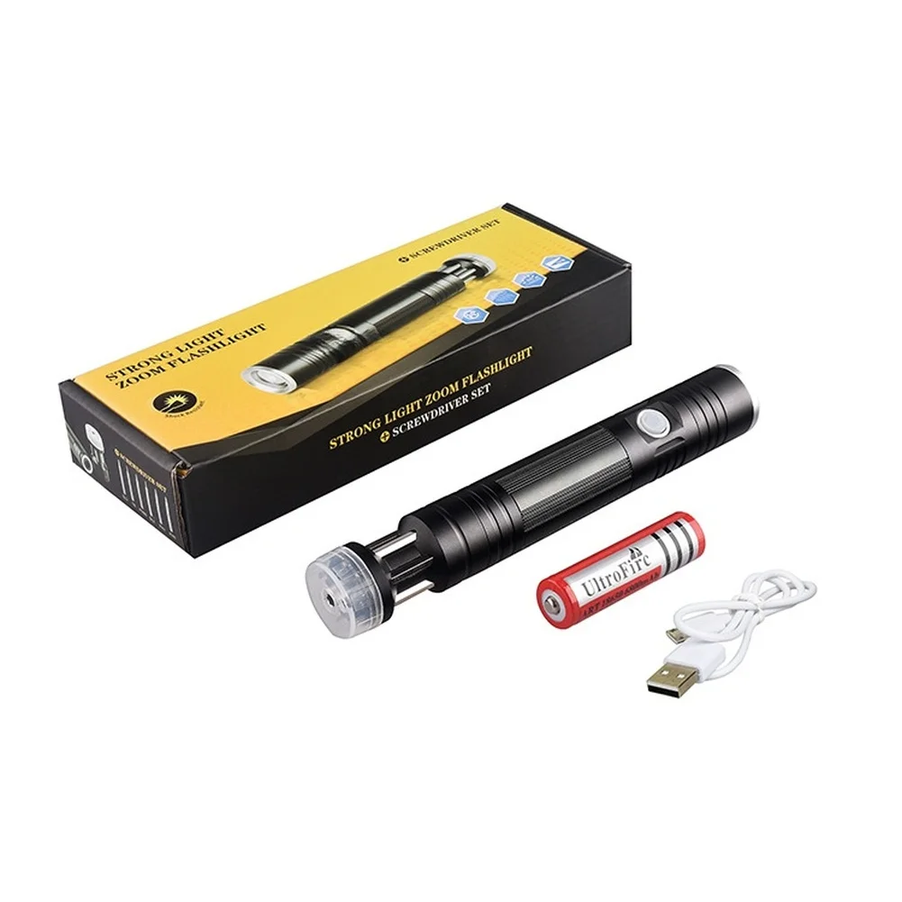 

Aluminum Alloy Rechargeable Flashlight USB Charging Zoom Beam 3 Modes LED Bulb Compact Design with Multifunction Screwdriver Set