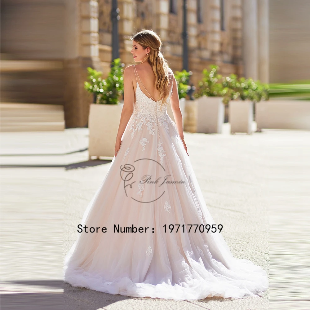 Vestidos de novia personalizados con tirantes finos para mujer, novedad de 2024, vestidos de novia con espalda abierta y cuello en V, apliques de línea A, vestidos de novia