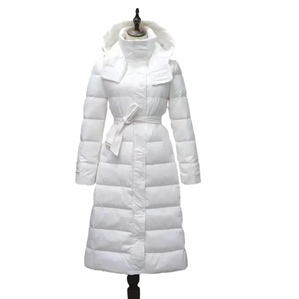 Long Hooded Warm Belt Slim Down Coat Female Korean Office Lady Casual Fashion 2024 New Winter White Duck Down Jacket Women