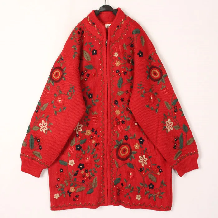 

Sweet Vintage Hooked Wool Sweater Overhead Coat Japanese Harajuku Style Mid-Length Loose Fit Long Sleeve Zipper Pure Color