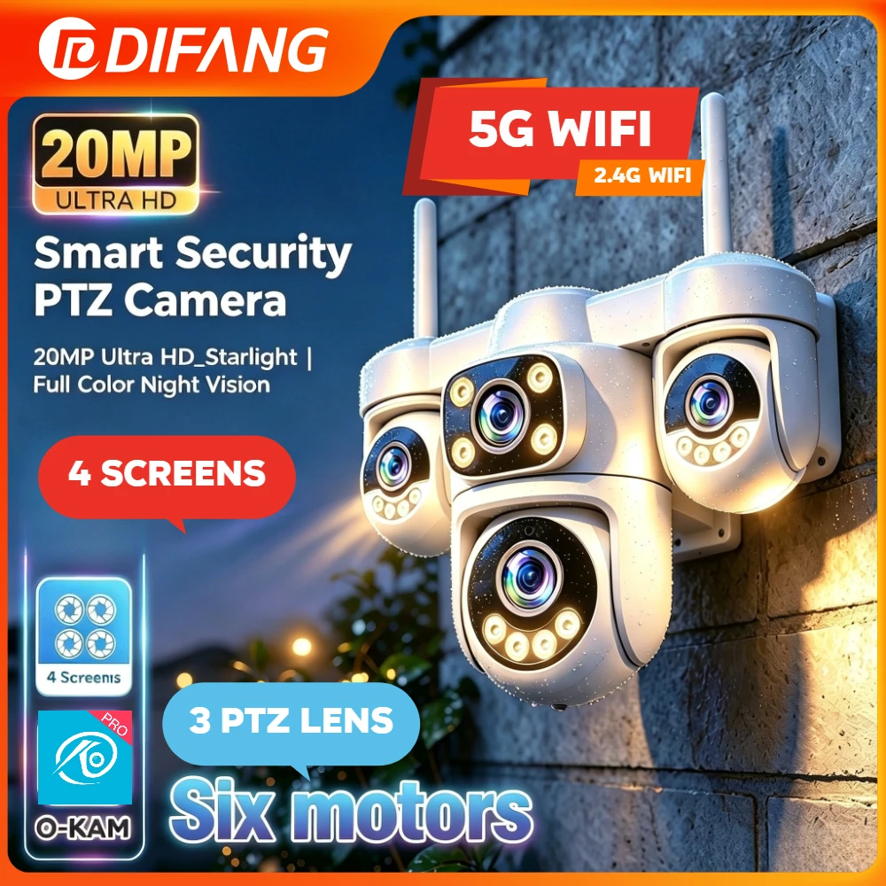 New 20MP WiFi Security Camera 4 Lens 4 Screen 6 Motors 3 PTZ 5X Digital Zoom 360° Auto Tracking IP66 Waterproof Outdoor CCTV 10K