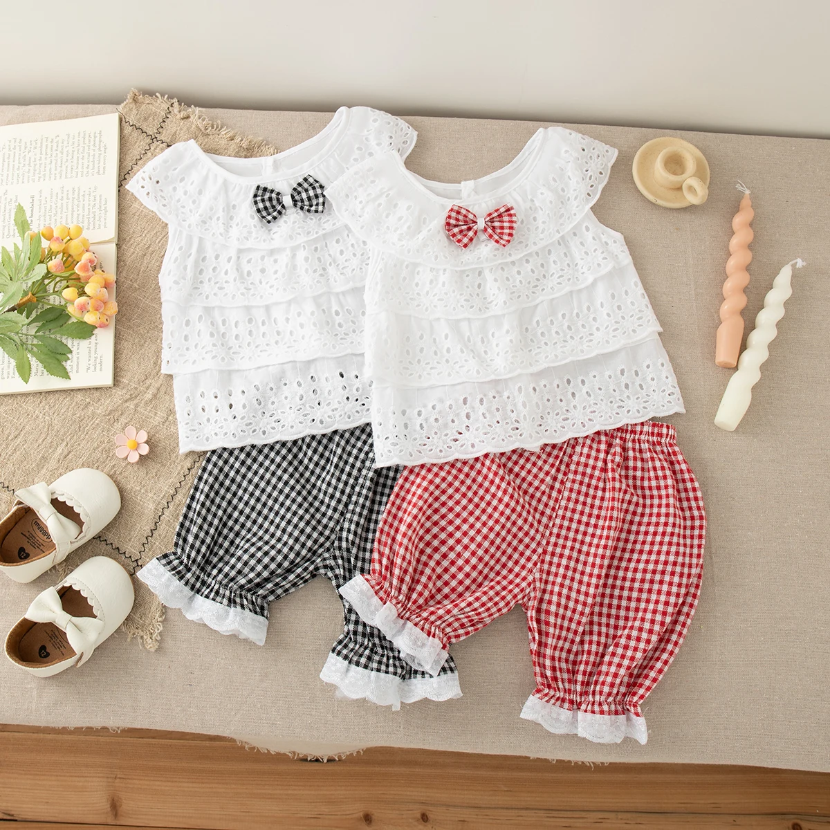 

2pc/Set Girls' Suit Summer Bow And Plaid Lace Trim Short Sleeve Casual Toddler Girl Clothes Cute Simple Children Clothes