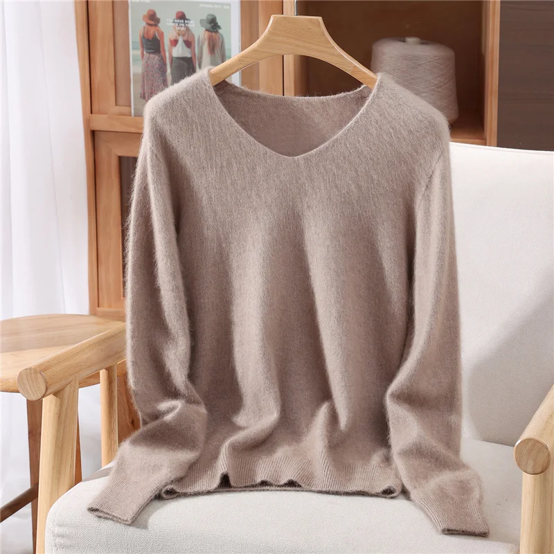 100% Mink Cashmere Sweater Women's Autumn Winter New Style Solid Color V-Neck Plus Size Knitted Sweater Versatile Loose Base Top - view 4