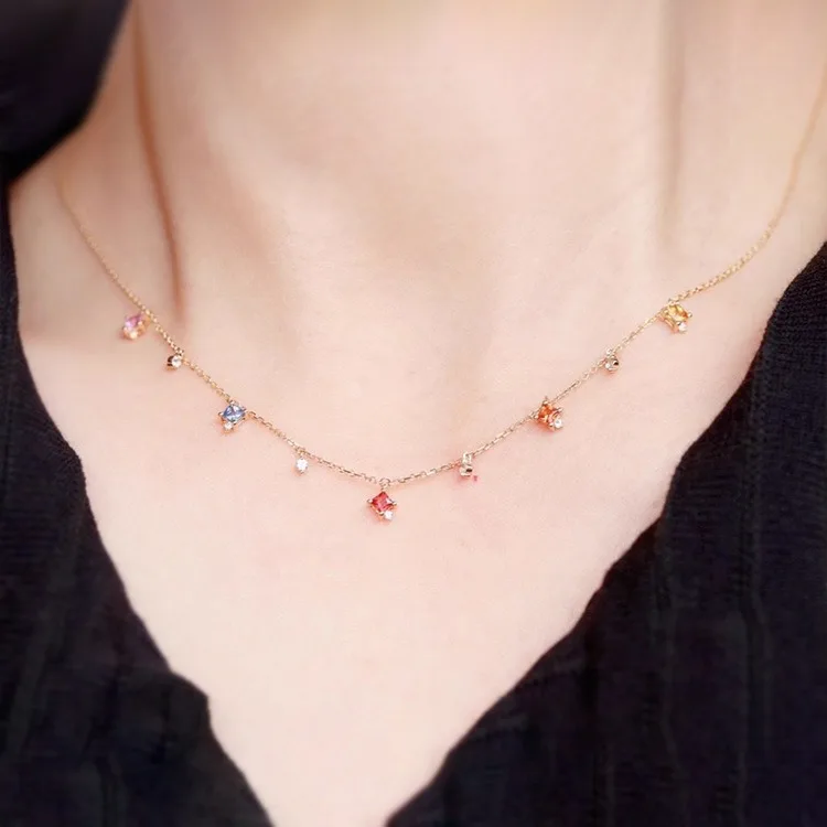 

Elegant Luxury 925 Silver Ruby Sapphire Tourmaline Opal Charms Choker 18K Gold Rainbow Gemstone Neck Chain Necklace Fine Jewelry