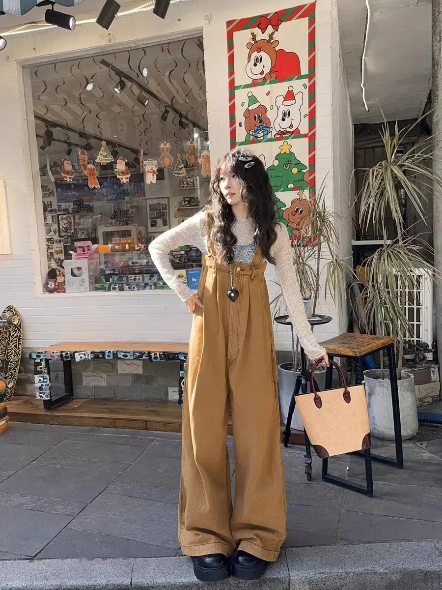 เอี๊ยมยีนส์สไตล์อเมริกันย้อนยุคสำหรับผู้หญิง ฤดูใบไม้ผลิ ฤดูใบไม้ร่วง ดีไซน์เกาหลี ทรงหลวม ช่วยให้ดูผอม ทรงตรง ยาวคลุมเท้า แบบชิ้นเดียว