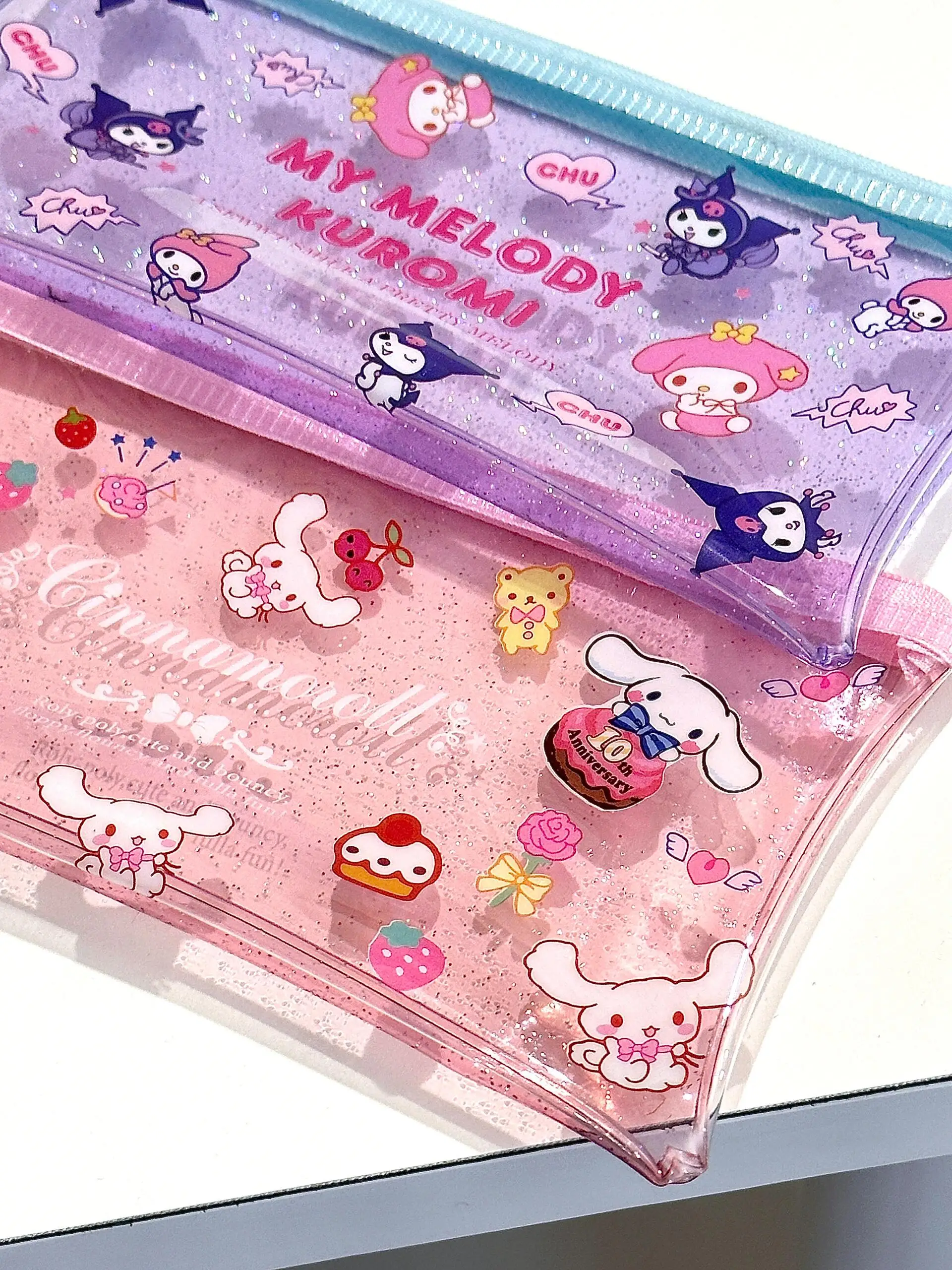 Kawaii kuromi má melodie cinnamoroll glittery pvc bh tužka pouzdro anime sanrio děvče srdce roztomilá multifunkční papírnictví úložný brašna