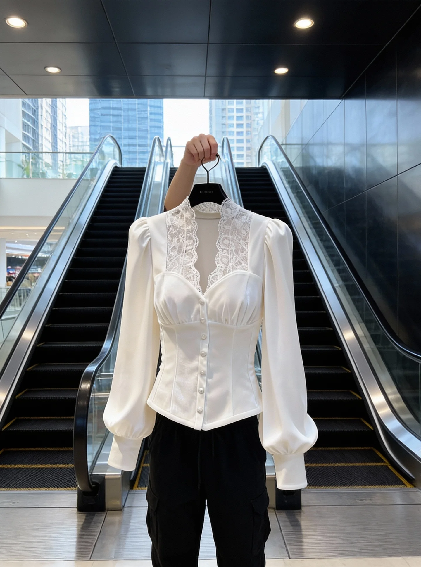 

Романтический кружевной женский белый топ Bubble Sve irt с v-образным вырезом и завязкой на талии, высококачественный топ French Sle Long Sve Ciwalk Outfit