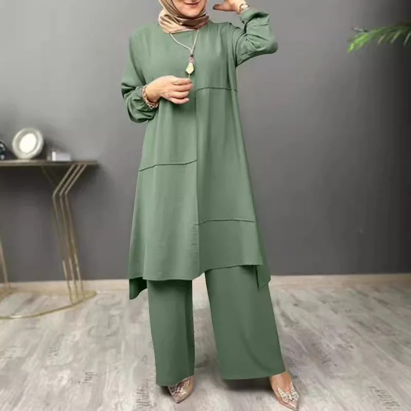 Muslim women's urban sportswear two-piece set, elegant bubble sleeve shirt, loose and fashionable wide leg pants set