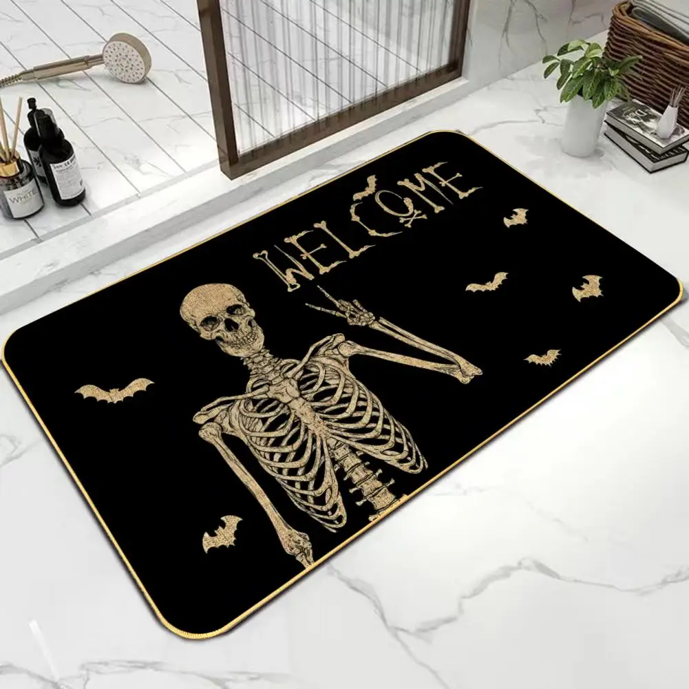 Wear-resistant Skull Mat Skeleton Print Halloween Rug Super Absorbent Bathroom Floor Mat with Anti-slip Backing for Halloween