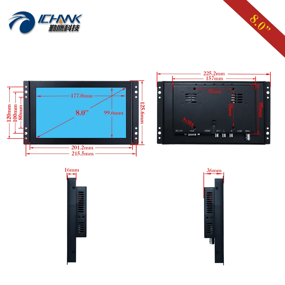 Imagem -05 - Monitor de pc Touch Screen com Metal Shell Open Frame Incorporado Montado na Parede Hdmi Usb Vga Zk080tc263d 1280x720 Polegadas