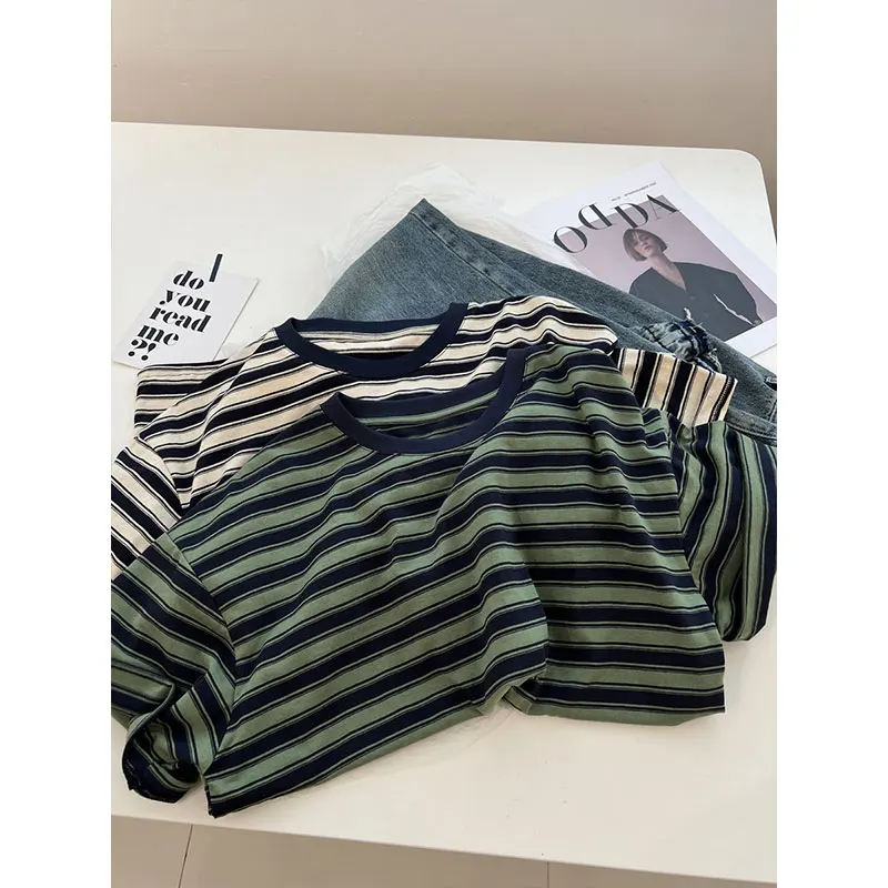Retro een Striped Loose Fit ort Sve Women's T-irt Lazy Sle Base irt Summer New Arrival Korean Sle round Ne