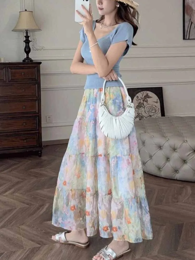 

Женская летняя длинная юбка с высокой талией, многоярусная, А-силуэта, с ярким цветочным принтом в стиле «Дофамин», мягкая и нежная.