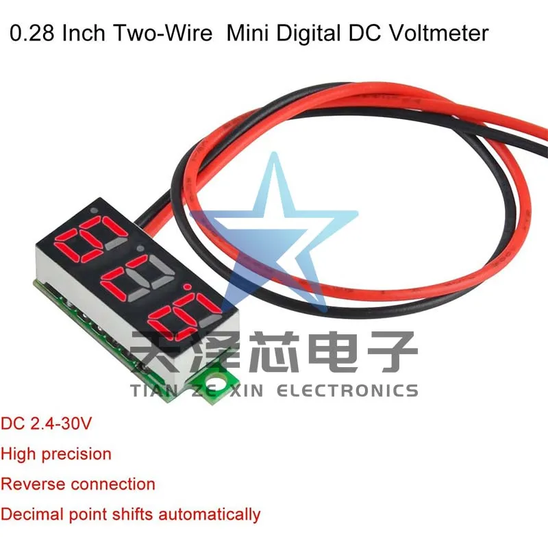 Voltmeter Dc Digital ultra-kecil 0.28 inci, layar Digital dapat disesuaikan dua kawat Dc 2.5-30V perlindungan mundur