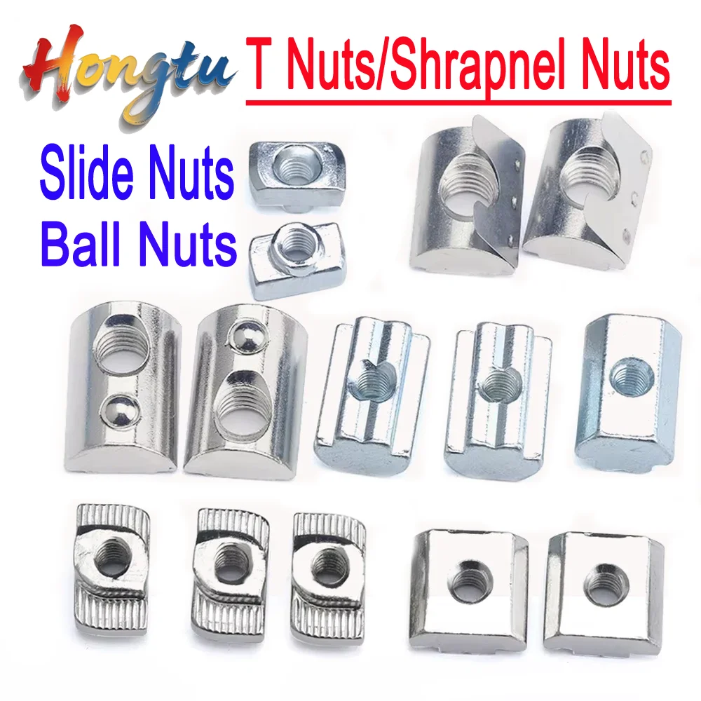 

HongtuM3 M4 M5 M6 M8 EU20/30/40/45 Hammer T Nut Slide Square Shrapnel Steel Ball Nuts Aluminum Extrusion Profile Fasteners 20pcs