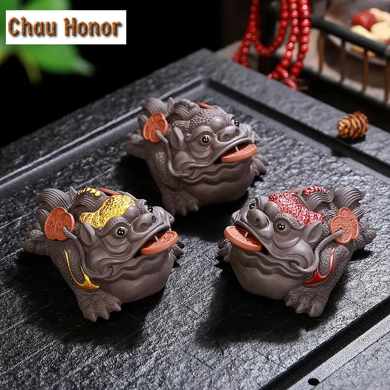 Chinese Purple Clay Tea Pet Lucky Fortune Golden Toad Figurine Ornament Tea Table Decoration Accessories Handmade Crafts Toys