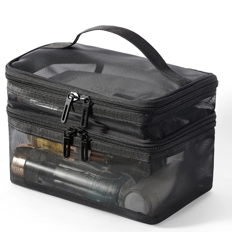 New Mesh Cosmetic Bag, Travel Cosmetics Storage Bag, Large Capacity Double Layer Transparent Mesh Wash Bag, LOGO