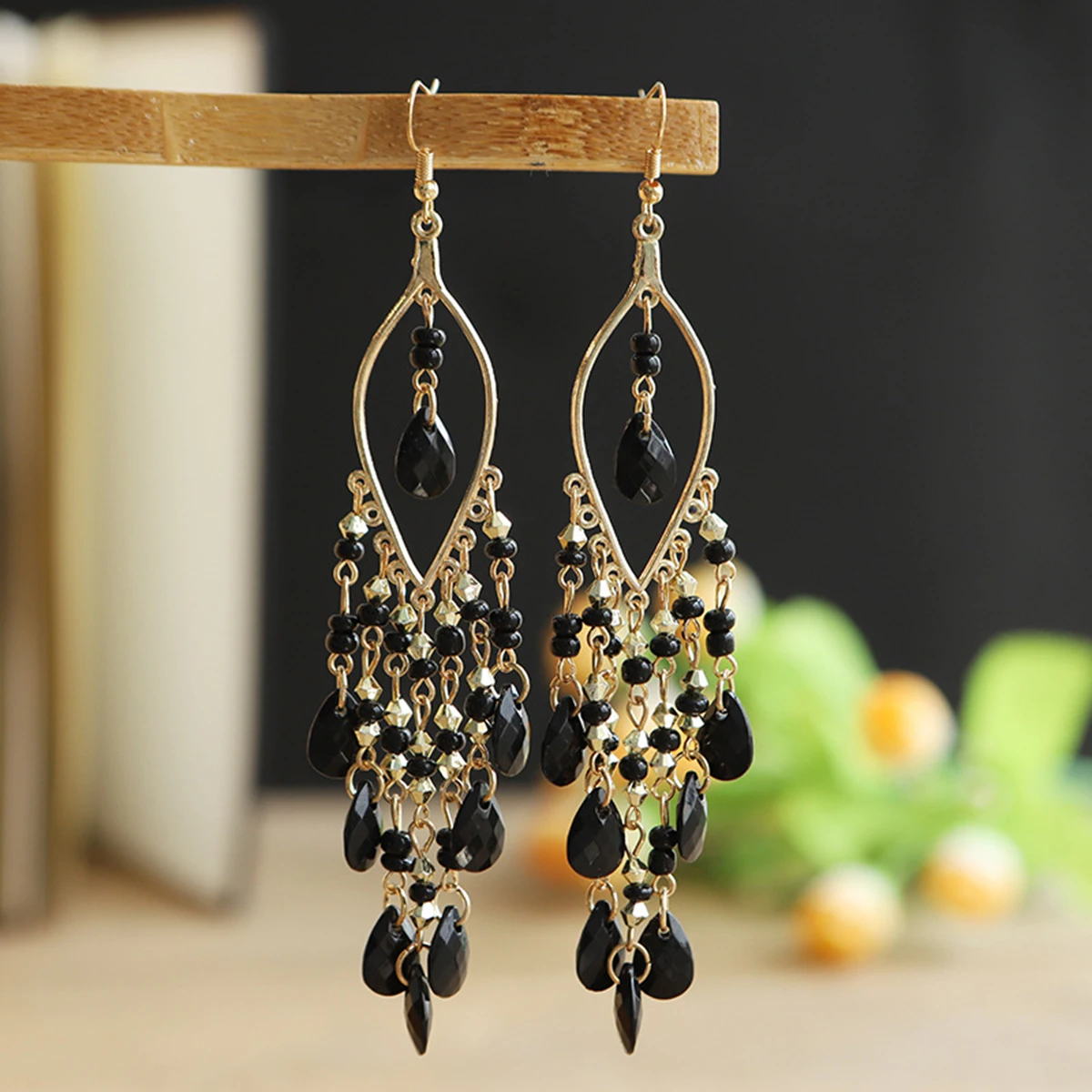 Fashionable Bohemian long tassel bead earrings, vintage elegant vacation style headwear for women
