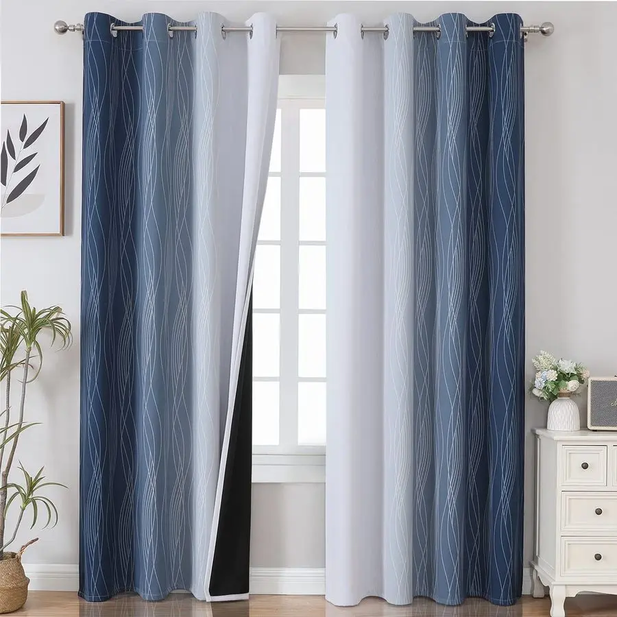 

Blackout Curtains 90 Inches Long 2 Panels, Navy Blue and Greyish White Thermal Insulated Energy Saving Ombre Drapes for Bedroom,